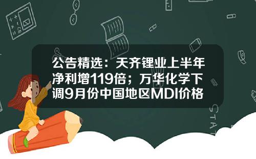公告精选：天齐锂业上半年净利增119倍；万华化学下调9月份中国地区MDI价格-万达汽车玻璃工业有限公司