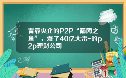 背靠央企的P2P“漏网之鱼”，爆了40亿大雷-的p2p理财公司